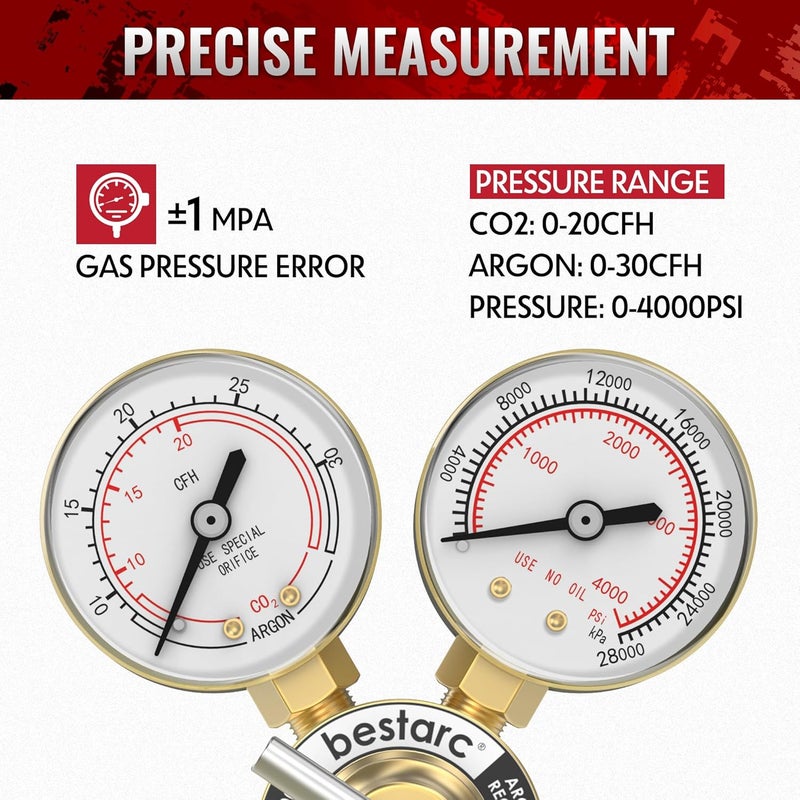 bestarc Argon CO2 Regulator Gauges Gas Welding with 9.8FT Gas Hose, CGA580 Inlet Connection, 0-4000PSI Input Pressure for MIG and TIG Welding - Image 4